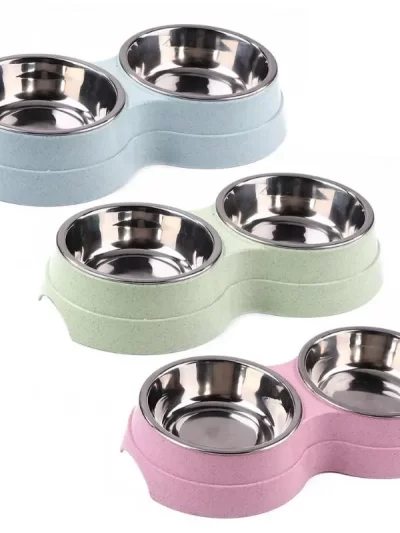 Dog Double Bowl Puppy Food Water Feeder Cute Stainless Steel Pets Drinking Dish Feeder Pets Supplies Feeding Dishes Dogs Bowl