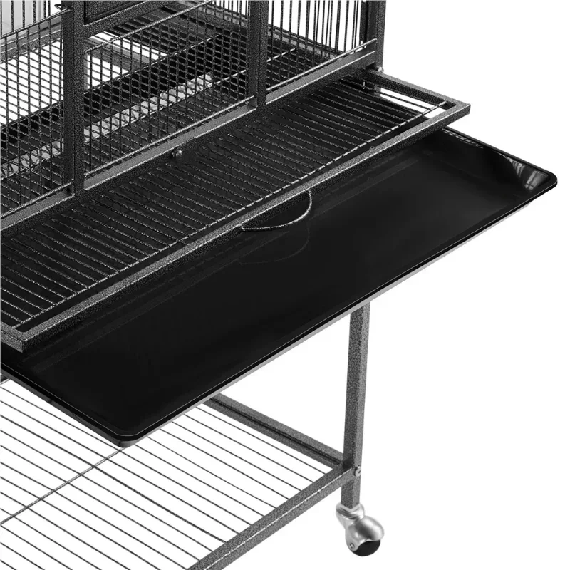 53.7'' Metal Rolling Bird Cage with Stand, 4 Feeding Bowls, and 2 Perches, Black - Image 6