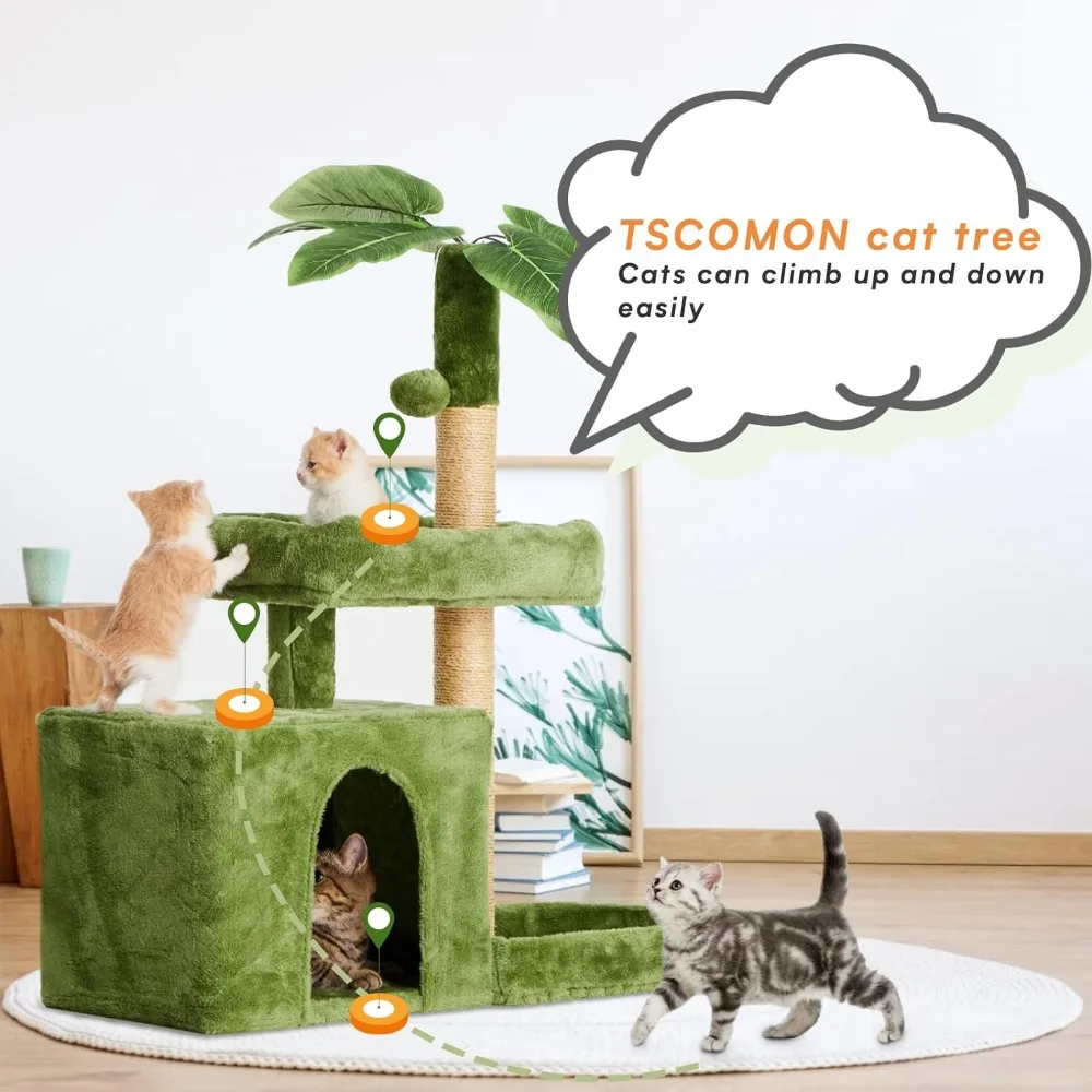 TSCOMON 31.5" Cat Tree / Tower for Indoor Cats with Green Leaves, Cat Condo Cozy Plush Cat House with Hang Ball and Leaf Shape - Image 4