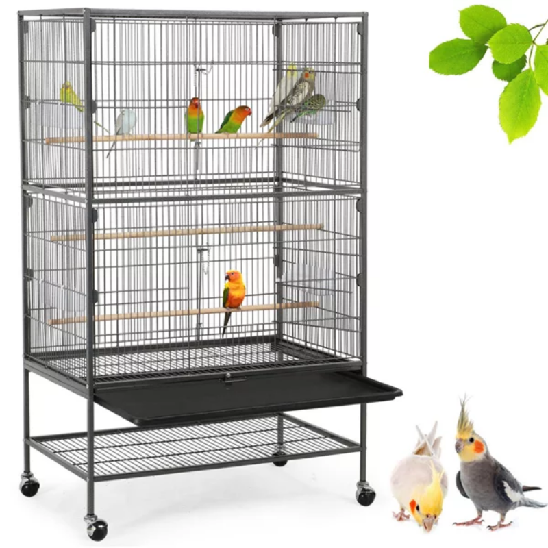 Large Rolling Bird Cage with 3 Perches, 4 Feeders, and Extra Storage Shelf, - Image 6