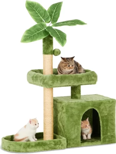 TSCOMON 31.5" Cat Tree / Tower for Indoor Cats with Green Leaves, Cat Condo Cozy Plush Cat House with Hang Ball and Leaf Shape