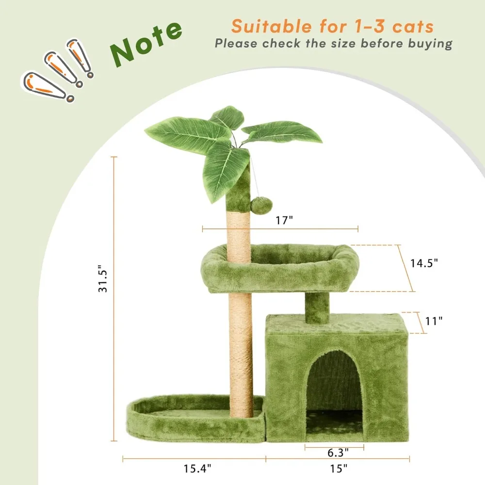 TSCOMON 31.5" Cat Tree / Tower for Indoor Cats with Green Leaves, Cat Condo Cozy Plush Cat House with Hang Ball and Leaf Shape - Image 3