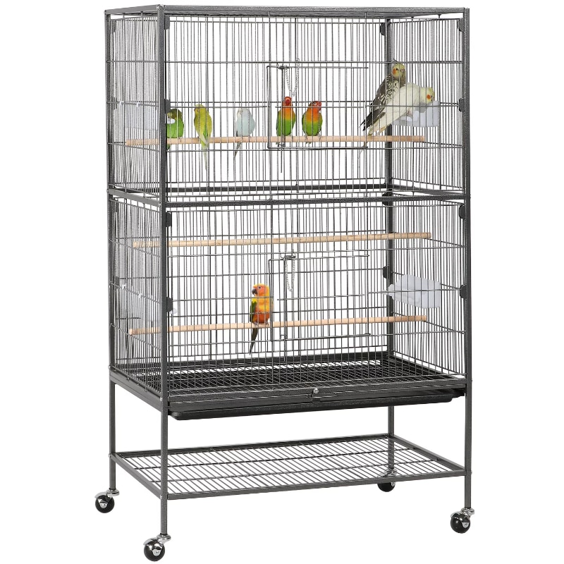 Large Rolling Bird Cage with 3 Perches, 4 Feeders, and Extra Storage Shelf,