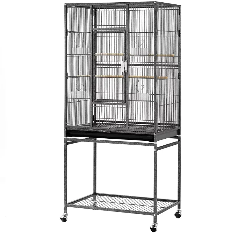 53.7'' Metal Rolling Bird Cage with Stand, 4 Feeding Bowls, and 2 Perches, Black - Image 2