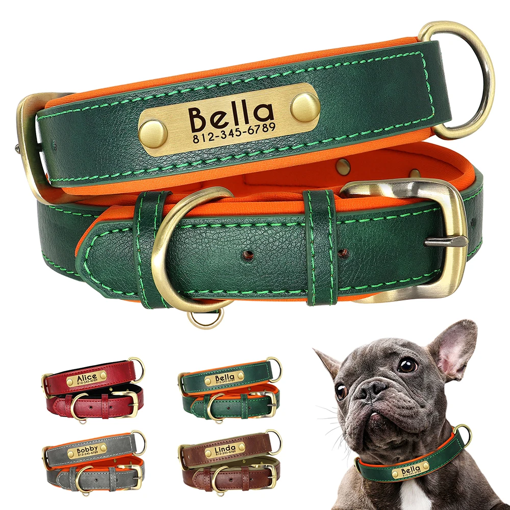 Customized Leather ID Nameplate Dog Collar Soft Padded Dogs Collars Free Engraving Name for Small Medium Large Dogs Adjustable - Image 2