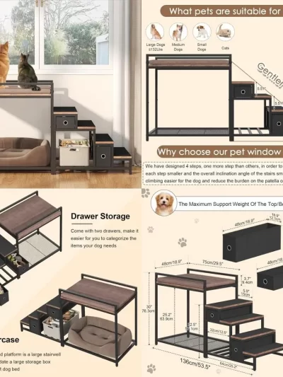 dual-level pet bunk bed, detachable stairs