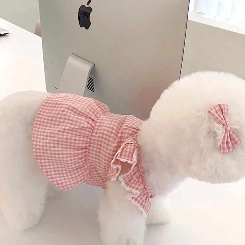Spring/summer pet dress pink plaid lace - Image 2