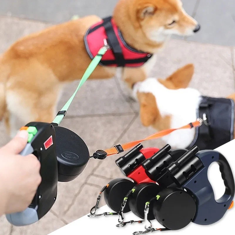 3in1 Double Leash Flashlight Poop Bag Dispenser